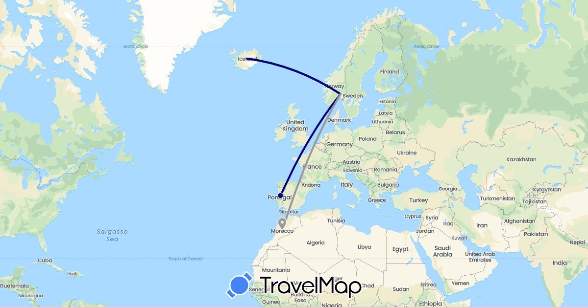TravelMap itinerary: driving, plane in Iceland, Morocco, Norway, Portugal (Africa, Europe)